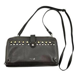 THE SAK IRIS Large Smartphone Crossbody Wallet Leather Gray Rhinestones taupe